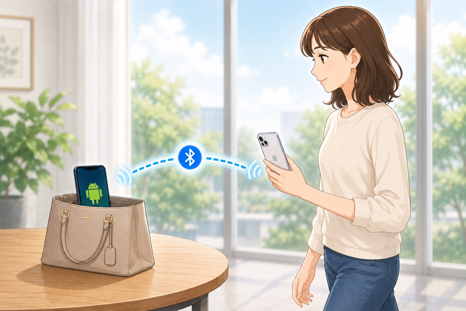 テーブルのバッグに入れた Android 端末と、手に持った iPhone が Bluetooth でつながっている様子