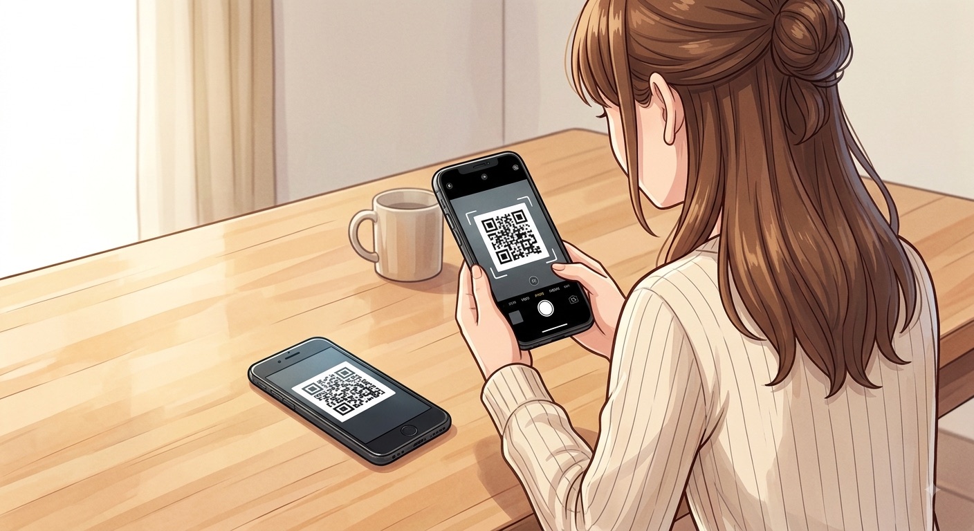 テーブルに置いた端末に表示された QR コードを、手に持った端末で読み取っている様子